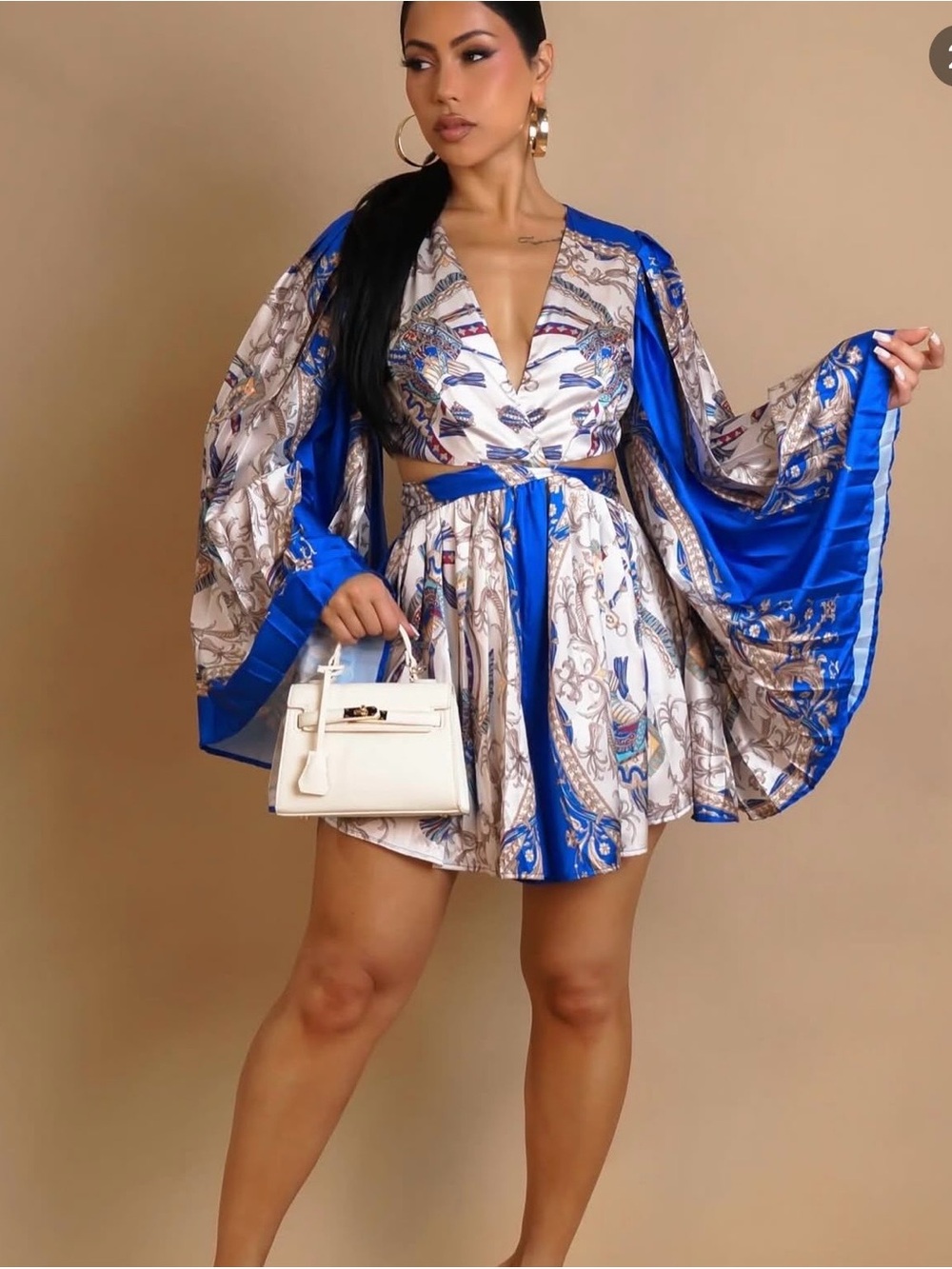 Fashion Nova Royal Blue & Cream Print Tie-Front Mini Dress